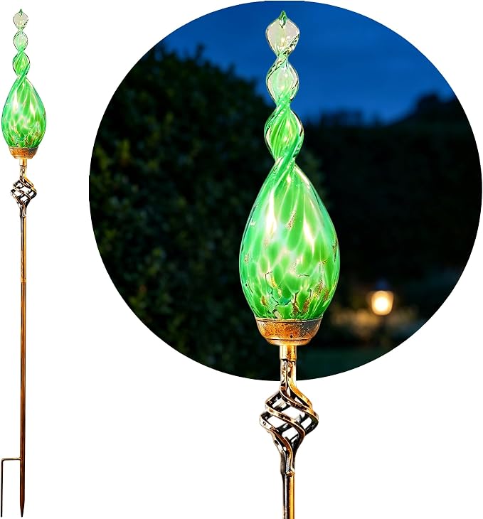 Solar Garden Stakes, Garden Solar Lights with LED Flame, Hand Blown Glass Decorative Garden Stakes, Weatherproof Outdoor Yard Porch Decor