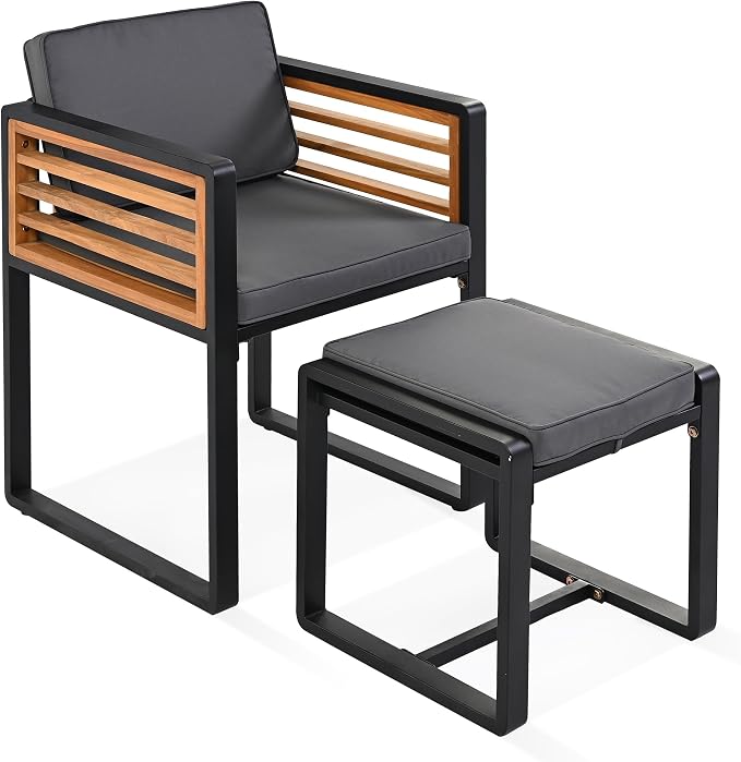 18-Piece Outdoor Patio Acacia Wood Dining Table Set, 2 Square Table with 8 Cushioned Chairs& 8 Stools, All-Weather Resistant Conversation Set with Metal Frame, Space-Saving Design for 8 (Gray-18P)