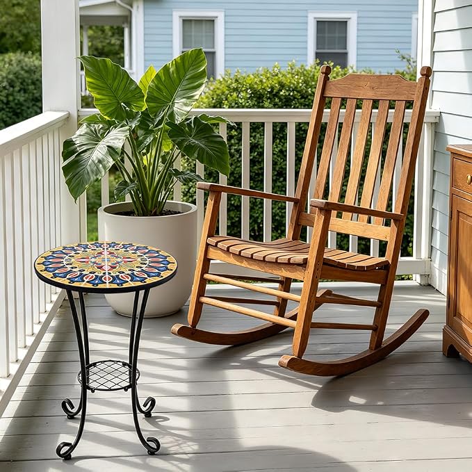 14 Inch Mosaic Patio Side Table with Scroll Legs, Indoor Outdoor Accent Round End Table with Ceramic Tile Tops for Yard, Garden, Living Room, Bistro, B - Grand Mandala