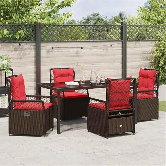 Afuera Living 5 Piece Poly Rattan Garden Dining Set, Brown Finish, Weather-Resistant Material with Glass Tabletop, Foam-Padded Chairs, Adjustable Backrest, Powder-Coated Frame, Outdoor Patio or