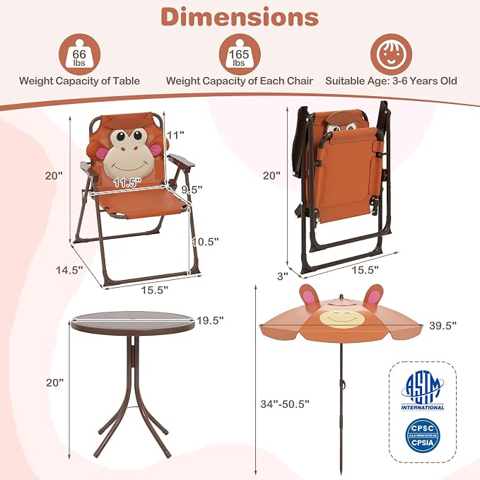 KOTEK Kids Picnic Table with Umbrella, Outdoor Table & 2 Folding Chairs, Cute Pattern Children’s Patio Furniture, Portable Kids Table and Chair Set for Backyard, Garden, Beach (Brown)