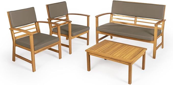 JONATHAN Y Barclay Modern 4-Piece Acacia Wood Outdoor Patio Set, Conversation Seating Group with Removable Cushions and Coffee Table for Backyard, Porch, Garden, Poolside, Dark Gray LVG1000B-4SET