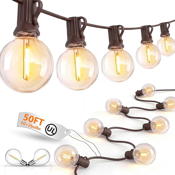 50Ft LED Globe String Lights Shatterproof Waterproof G40 Outdoor Patio String Light with 52 Dimmable LED Bulbs, Hanging Patio Lights for Indoor Bistro Pergola Tents Wedding Party Christmas Decor-Brown