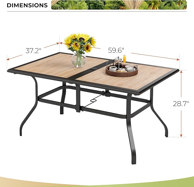 MIXPATIO Outdoor Patio Dining Table for 6, 60" x 37" Rectangular Metal Patio Dining Table with Umbrella Hole and Faux Wood Tabletop, All Weather Wrought Iron Black Outdoor Table for Backyard and Porch