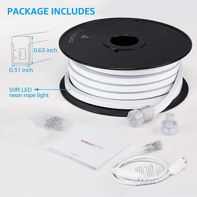 TORCHSTAR 50ft LED Neon Rope Light, Amber LED Strip Lights | Outdoor IP67 Waterproof, 120V UL Plug, ETL Connectable, Neon Light Strip for Shop Sign, Patio Decor, Max 2 Sets (100FT)