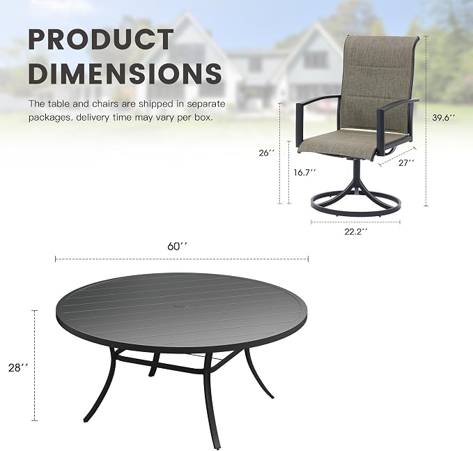 Outdoor Dining Set for 8, 60" Outdoor Dining Table with Umbrella Hole and Padded Textilene Patio Swivel Chairs, 9 Pieces Patio Table and Chairs Set for Garden Backyard, Mixed Brown and Black
