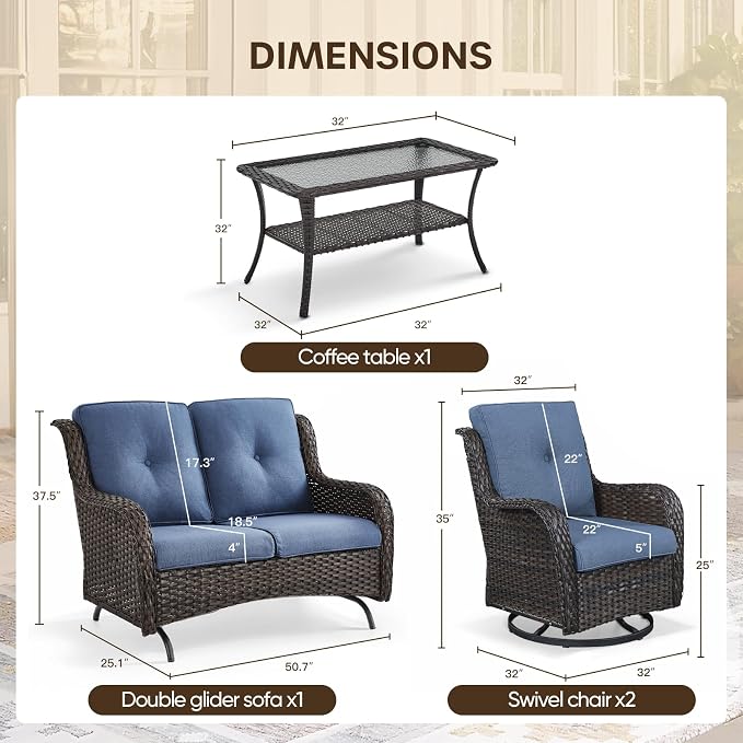 Patio Loveseat Glider Set, Resin Wicker Loveseat Glider with 2 Swivel Patio Chiars and Coffee Table, 4 Piece Patio Bistro Set Furniture Set Loveseat Set, Brown Wicker|Blue Cushions