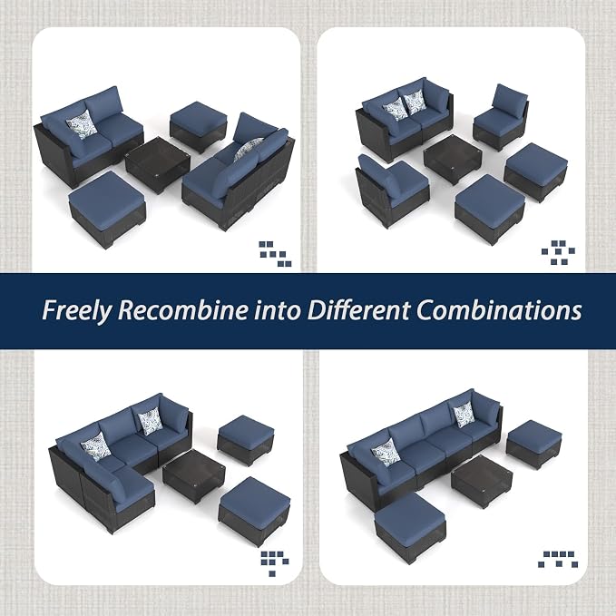 AECOJOY 7 Piece Outdoor Patio Furniture Set, Outdoor Sectional Conversation Furniture Chair with Coffee Table, Patio Sectional for Backyard, Garden(Navy Cushions and Black Rattan, with Cover)