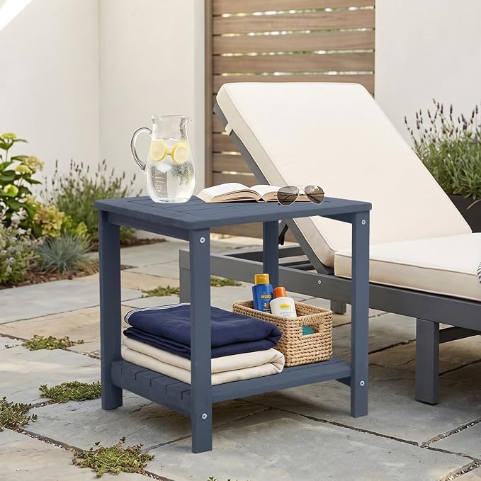 Solid Fir Wood Side Table with 2-Tier Storage, Weather-Resistant Outdoor Indoor End Table,Darkblue Rustic Color Night Stand