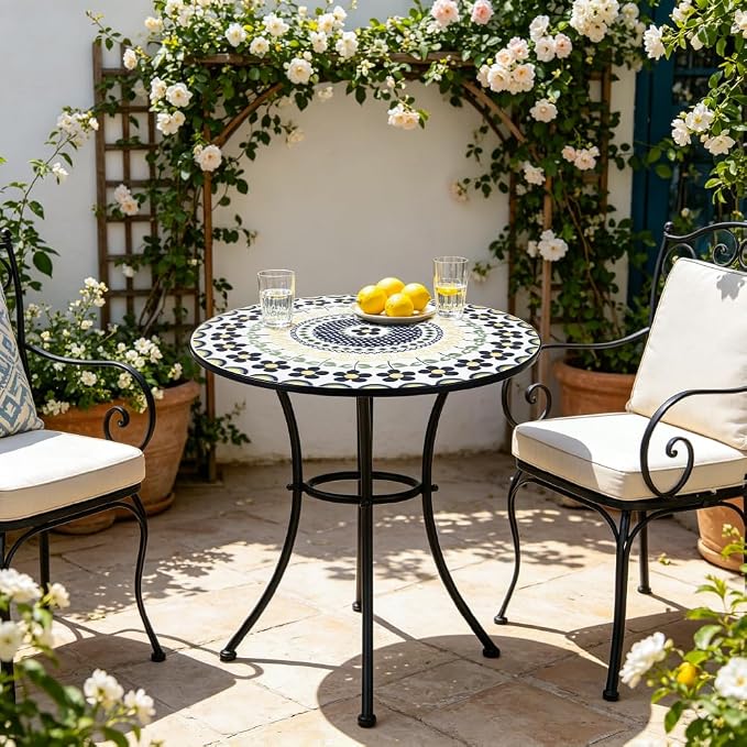 24 Inch Mosaic Patio Round Side Table with Ring Curved Legs Indoor and Outdoor Accent End Table for Yard, Garden, Living Room, Bistro, A - Black Floral