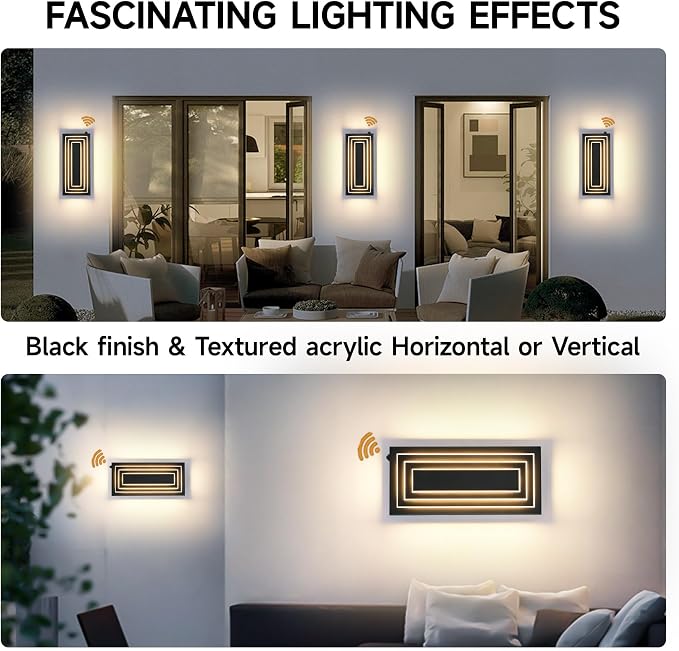 Dawn to Dusk Outdoor Light Fixture,Exterior Wall Light,15.7 in,24 W | 3-Tier Black Modern Outdoor Wall Sconce,Outdoor Lights For House,Front Door, Patio, Waterproof, LED 3000K Warm White, 2 Packs