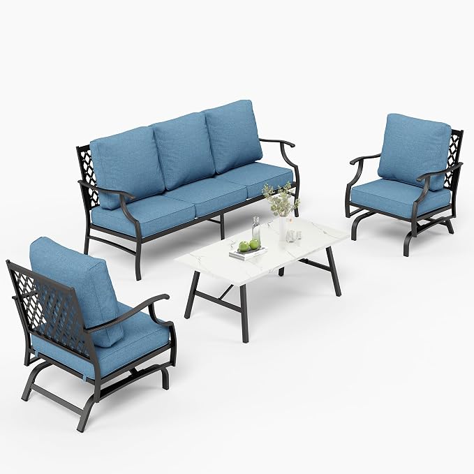 MIXPATIO Patio Furniture Set 4 pcs, Outdoor Patio Furniture, 3-Seat Sofa, 2 Rocking Chairs, Coffee Table and 5.75" Extra Thick Cushion, Conversation Set for Backyard Deck, Navy Blue