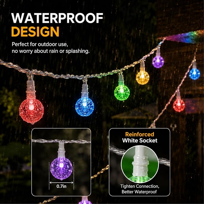 Crystal Globe String Lights 2500mAh Rechargeable Battery Operated | 16FT 50LED Outdoor Waterproof with Remote, Timer & 8 Modes, Fairy Lights for Yard Garden Patio Wedding Christmas (Multicolor)