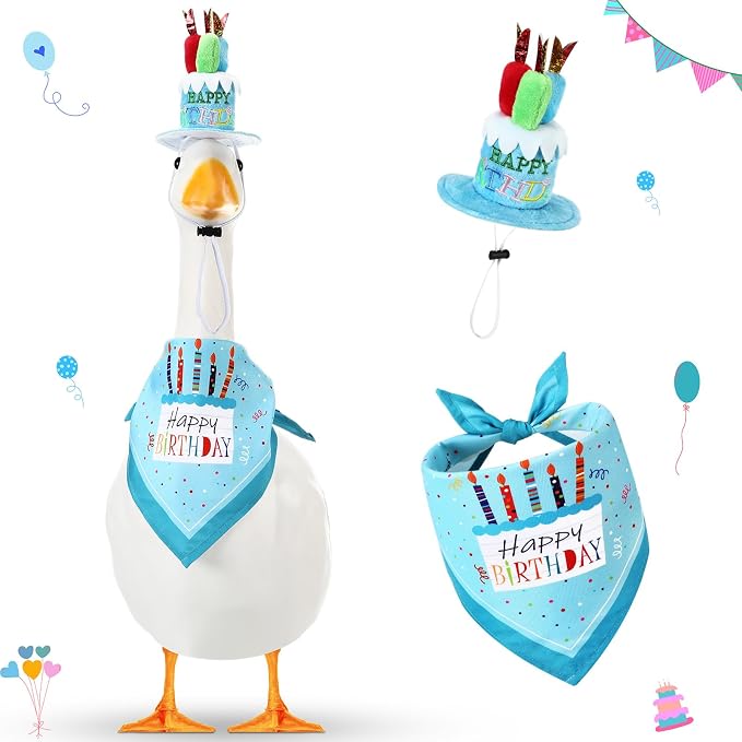 Dansydaisy Happy Birthday Goose Outfit Porch Goose Outfits with Happy Birthday Cake Hat and Bandana Yard Geese Outfits for 23" 17" Cement Plastic Geese Duck Decorations(Style 2,Blue)