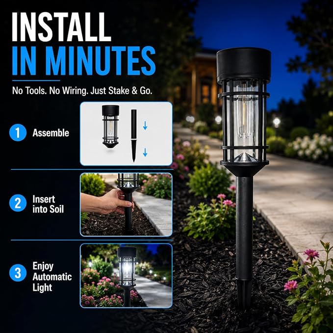 Solar Pathway Lights Outdoor 8 Pack Waterproof Solar Lights for Garden | 21" Metal Glass LED Bright 8-12Hours Long-Lasting Outdoor Solar Lights for Yard, Garden Path Landscape Driveway Walkway