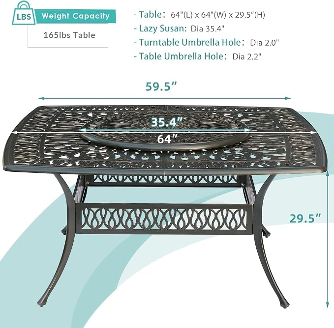 MEETWARM Outdoor 64" Square Patio Dining Table with Detachable Lazy Susan, All Weather Cast Aluminum Large Patio Furniture Table Set for 8 Seat with 35.4" Rotating Tray, Umbrella Hole, Dark Bronze