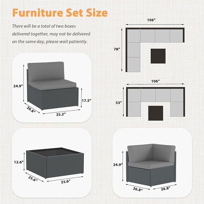 AECOJOY 7 Piece Outdoor Patio Furniture Set, Outdoor Sectional Conversation Furniture Chair with Coffee Table,Patio Sectional for Garden,Backyard(Grey Cushions and Black PE Rattan)