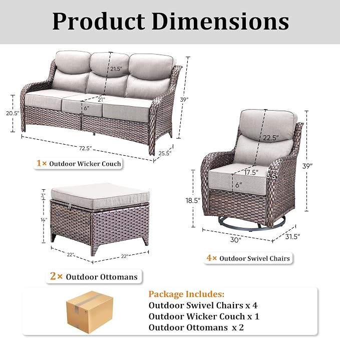 Luxury High Back Patio Furniture Set with 6-Inch Thick Cushions, 7-Pieces Outdoor Furniture with Swivel Chairs, Wicker Conversation Set for Porch, Balcony, Deck and Yard, Brown/Beige