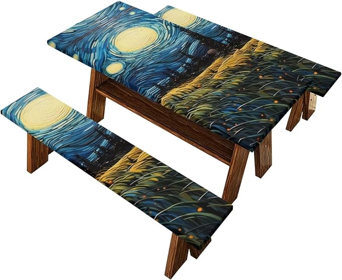 Van Gogh Starry Night Picnic Table Cover with Bench Covers Beach Camping Table Covers for 6 Foot Tables 3 Pcs Picnic Table Bench Covers Camping Essentials for Camper, 94x30 Inches