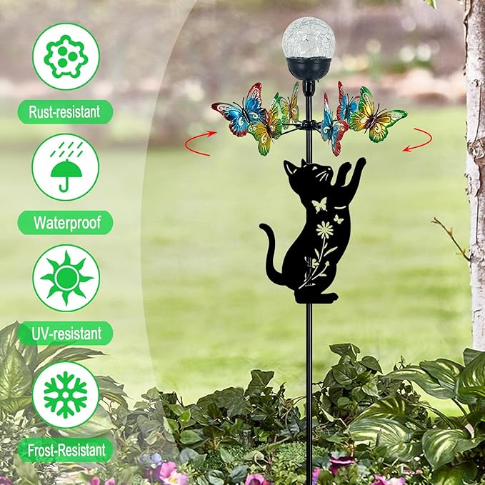 Solar Lights Yard Stake-Butterfly Wind Spinner,Metal Black Cat Garden Decor | Color Changing LED for Patio,Pathway,Lawn,Walkway,Outdoor Decorative