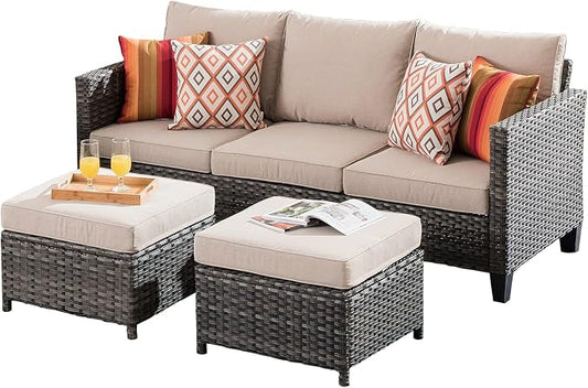 ovios 3 Pieces Patio Furniture Set Outdoor Sofa with Ottomans, Wicker Rattan Couch with Footrests Comfy Cushions, All Weather Sofas Couches for Porch Backyard Garden, Beige
