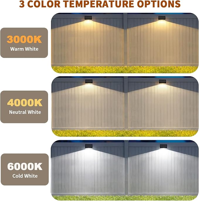 Solar Fence Lights 8 Pack, Outdoor Solar Lights with 3 Color Temperatures, IP65 Waterproof Wide-Angle LED Lighting for Fence, Patio, Yard, Deck, Wall, Garden (Black)