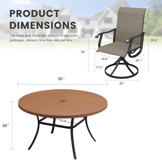 Outdoor Dining Set for 6, 50" Metal Round Outdoor Dining Table with Umbrella Hole and Sling Patio Swivel Chairs, 7 Pieces Patio Table and Chairs Set for Garden Backyard, Mixed Brown and Walnut