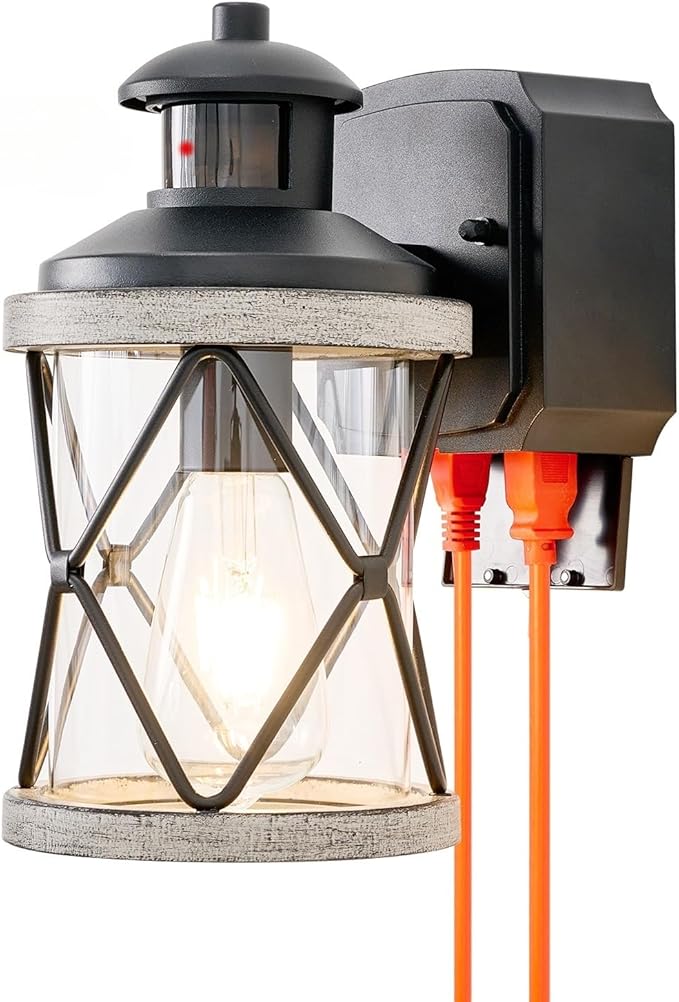 Dusk to Dawn Motion Sensor Outdoor Porch Light with GFCI Outlet,3 Lighting Modes Anti-Rust Waterproof Industrial Outdoor Lantern,Exterior Work lights Rustic Wood-Like Finish Wall Light (White, 1 Pack)