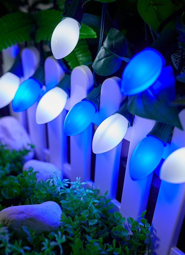 C9 Christmas Lights Outdoor, 100Ft 50 LED Blue & Pure White String Lights | Waterproof Shatterproof Connectable Christmas Tree Lights for House Outside Roofline Patio Yard Home Xmas Decorations