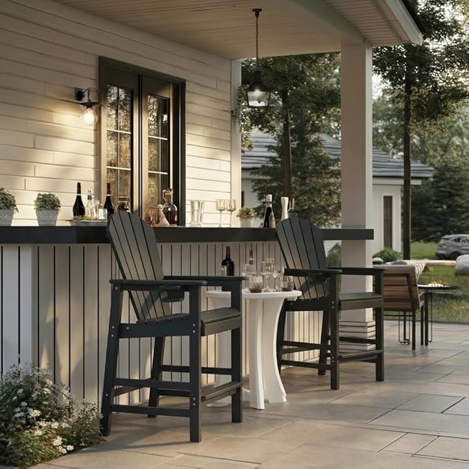 WILLIAMSPACE Patio Bar Chair Bar Stool, Outdoor All Weather HDPE Height Adirondack Chair with Armrests & Cup Holder, 1-Piece Counter Height Chair for Pool, Garden, Kitchen, ONLY 1 Chair (Black)
