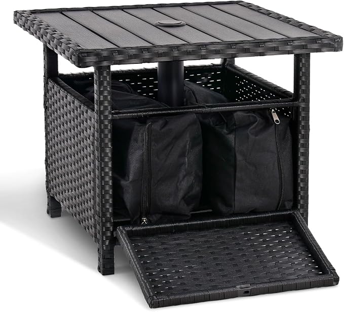 Sundale Outdoor Umbrella Stand with 2 Weight Bags, Patio 22 in Wicker Side Table with Umbrella Hole, All Weather Small Rattan Umbrella Base for Deck Yard Poolside Porch, Black