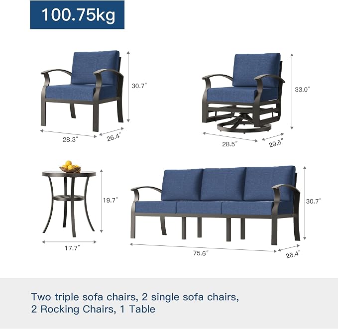 Kullavik Aluminum Patio Furniture Set,7 Piece Modern Metal Outdoor Patio Furniture w/5.1'' Thick Cushion and Swivel Chairs,Patio Conversation Sets for Porch,Deck,NavyBlue