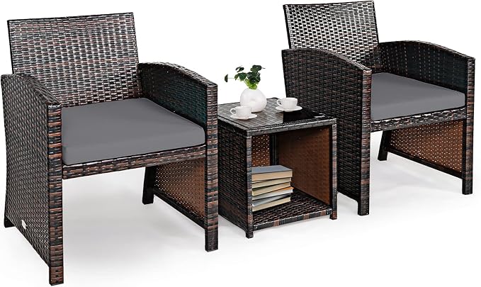Tangkula 3-Piece Outdoor PE Rattan Furniture Set, Patio Conversation Set w/Chair & Storage Coffee Table, Detachable Cushion, Stable X-Shaped Frame, Perfect for Garden, Backyard, Poolside (Grey)
