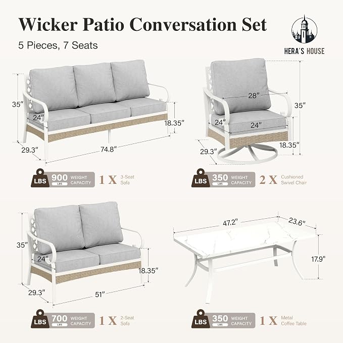 HERA'S HOUSE 5 Piece Metal Patio Furniture Set, 7 Seats All Weather Outdoor Conversation Set, 3 Seat Sofa with Loveseat, 2 Swivel Chairs, Coffee Table for Backyard, Garden, Deck, White/Grey