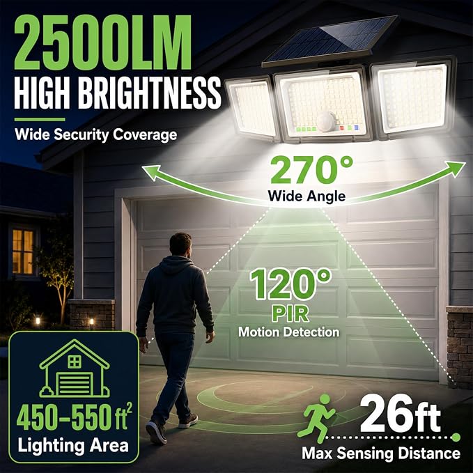 Solar Outdoor Lights Motion Sensor, 2500LM 286 LED Security Flood Lights with Visual Battery & Mode Display, 3 Lighting Modes, IP65 Waterproof 3-Head Wide Angle for Garage, Yard, Patio (2 Pack)