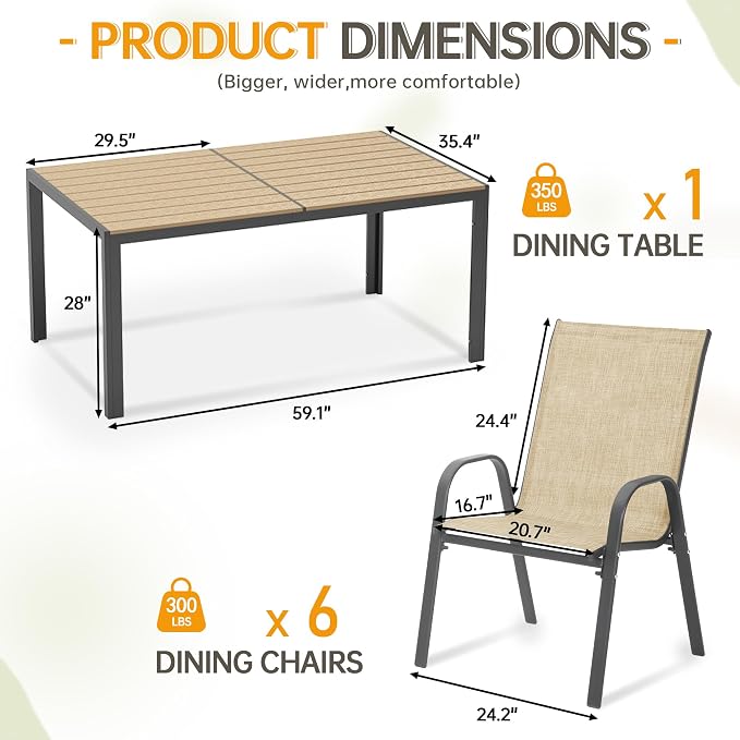 PIZZELLO 7-Piece Outdoor Dining Set Patio Dining Set for 6 Outdoor Table and Chairs All Weather Outdoor Patio Set w/Stackable Patio Chairs and HDPE Table for Backyard, Garden and Poolside, Khaki