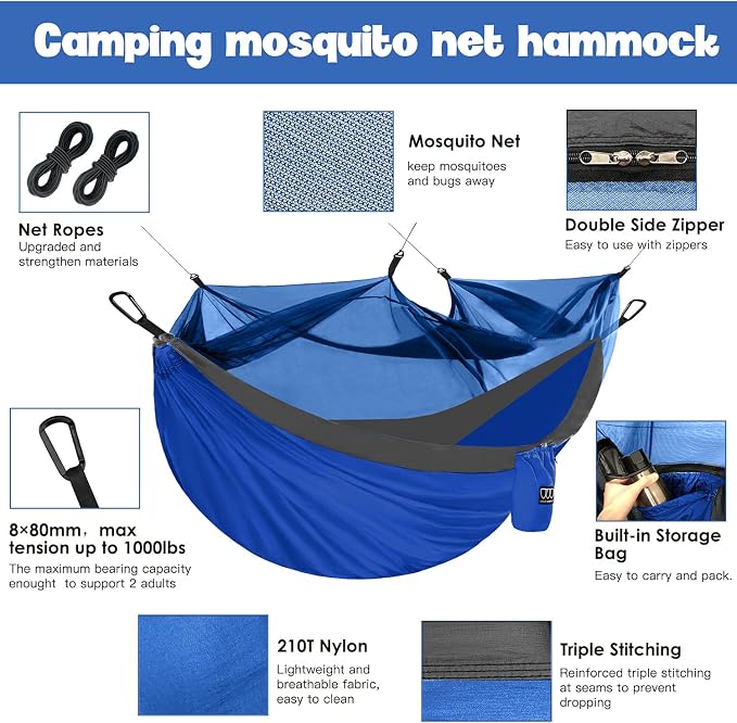 Gold Armour Camping Hammock - Camping Essentials, Double Hammock with Bug Net, Camping Gear Hammock for Outside, Hiking, and Travel (Blue & Gray)