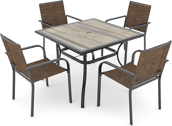 Anmutig 5-Piece Outdoor Patio Dining Set 37 Inch Square Wooden-Like PVC Table with 4 Stackable Chairs for Garden Backyard Brown