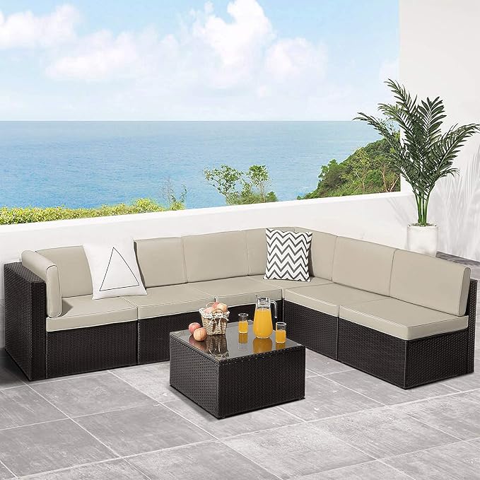 VITESSE Patio Furniture Sets All Weather Outdoor Sectional Sofa Manual Weaving Wicker Rattan Patio Conversation Set with Cushion and Glass Table (7 Pieces, Beige)