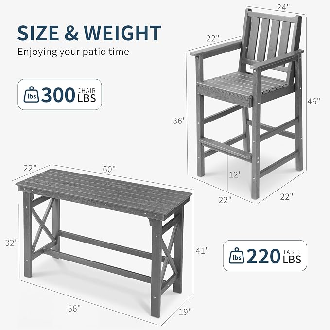 3-Piece Outdoor Bar Table and Chairs Set, HDPE Counter Height Patio Dining Sets, Adirondack Bar Height Chairs Set of 2 and Bar Table for Bistro, Poolside, Backyard, Grey