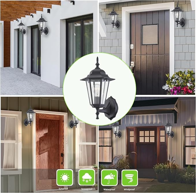 WISBEAM 2 Pack Outdoor Wall Light, Black Wall Sconce for House Porch Lighting Fixture, E26 Base 60W Max, Metal Housing Plus Glass, Wet Location Rated, ETL Qualified, Bulbs not Included