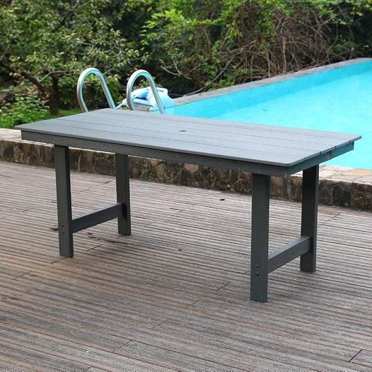 KEIKI 66.9" HDPE Outdoor Table, All Weather Patio Table with Umbrella Hole, Waterproof & Fade Resistant, Wood Grain Finish, Easy Assembly Patio Furniture for Garden Balcony Poolside Backyard, Grey