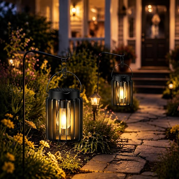 4 Pack Solar Lanterns Outdoor Waterproof, Retro Metal Hanging Lantern | 12-Hr Runtime Outdoor Solar Lantern, Auto On At Dusk, High Bright Hanging Solar Lights for Garden Porch Patio Decor, Black