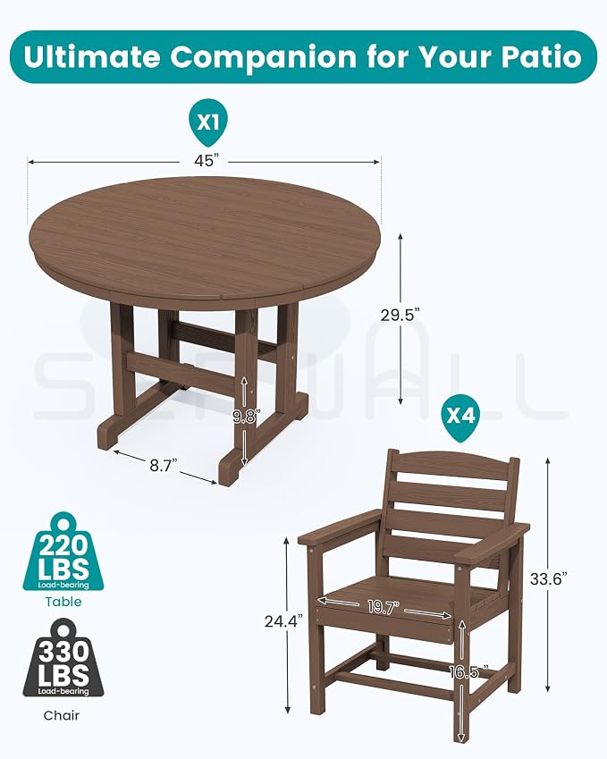 SERWALL 5-Piece Patio Dining Sets, HDPE Outdoor Table and Chairs Furniture Set, 45" Round Dining Table and 4 Dining Chairs, Brown