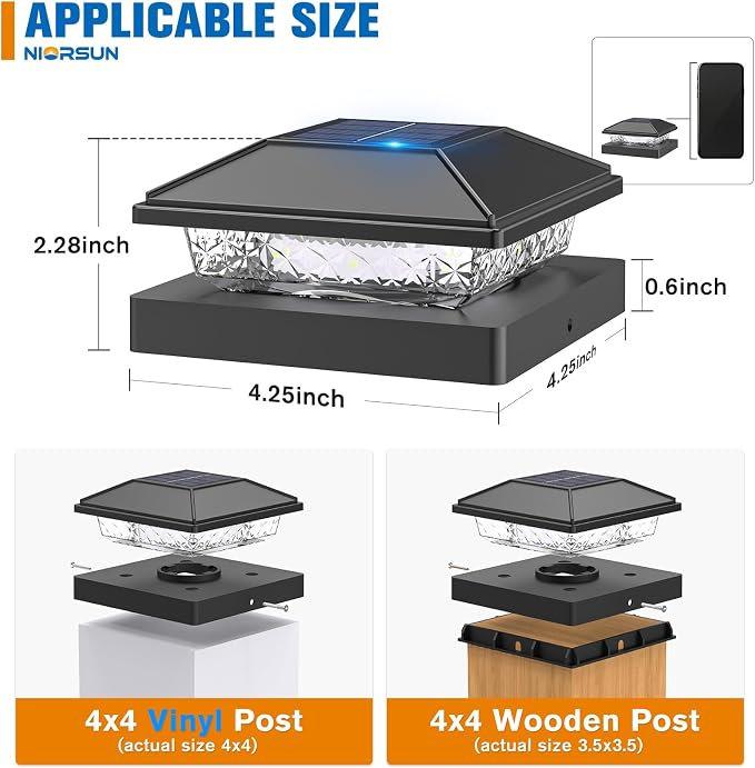 Solar Post Cap Lights,4x4 Post Solar Lights,Warm White,8 Pack Black | Fence Post Solar Lights for 4x4 Post Caps Wood Vinyl, IP64 Waterproof Solar Post Lights Outdoor, Solar Deck Post Lights