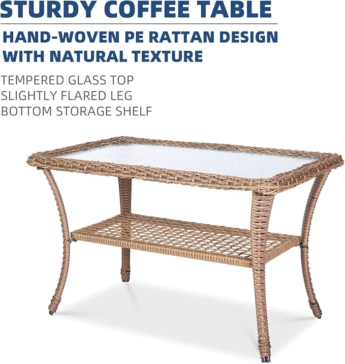 4-Piece Wicker Patio Furniture Sets Outdoor All-Weather Rattan Conversation Set Includes Glider Loveseat, Glass-Top Coffee Table, 2 Glider Rocker Chairs with Thickened Cushions