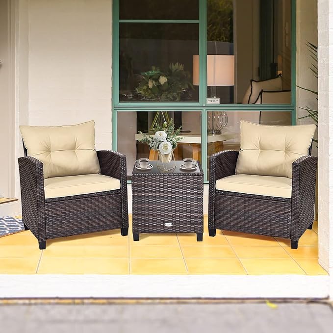 3-Piece Wicker Patio Furniture Set, Outdoor Sofa Set with Water-Resistant Cushion & Tempered Glass Table, Brown