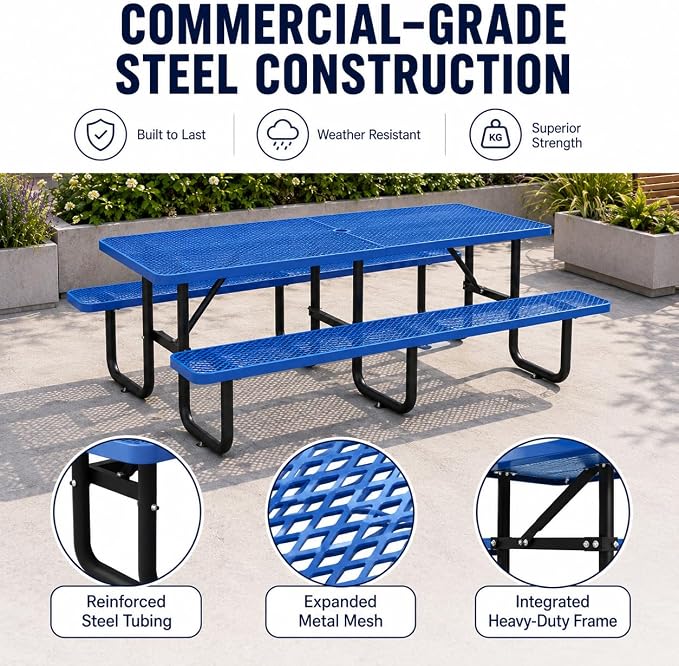 8 FT Heavy Duty Outdoor Metal Picnic Table with Umbrella Hole, Commercial Grade Steel Picnic Table with Benches, Seats 8-10 Adults, Weather Resistant for Backyard, Park, School & Campground