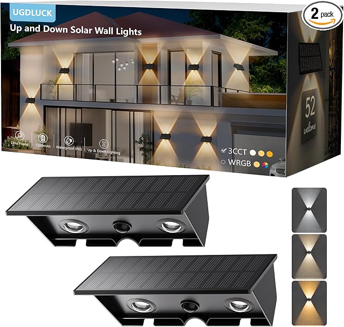 2PACK Solar Sconce Lights Outdoor,Warm White/Cool White/Natural Light 3 Modes Up and Down Solar Wall Lights IP65 Waterproof Solars Lights Outdoor for Exterior Front Porch Garage Fence Patio Yard