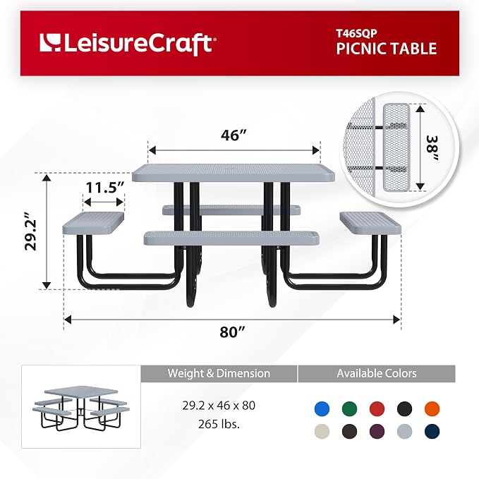Leisure Craft Metal Picnic Table with Bench - 46" Square Outdoor Dining Table for 8 with Umbrella Hole, Weatherproof Heavy Duty Thermoplastic Coating, Commercial Grade Furniture Made in USA - Gray
